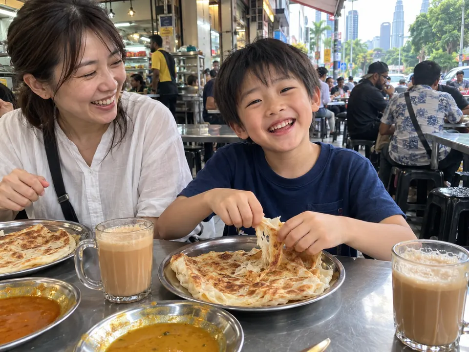 クアラルンプールのママッ（ローカル食堂）で、ロティチャナイを食べて笑う母と息子
